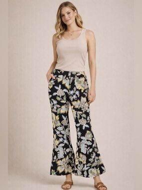 INC International Concepts Black Floral Bell Bottom Pants Spring Easter